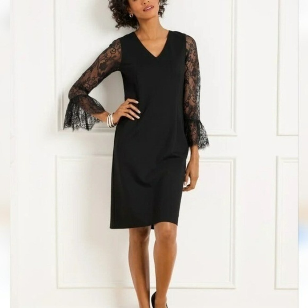 Talbots NEW Black Lace Flounce Sleeve Ponte Knit A-Line Shift Dress SZ 6 Classic